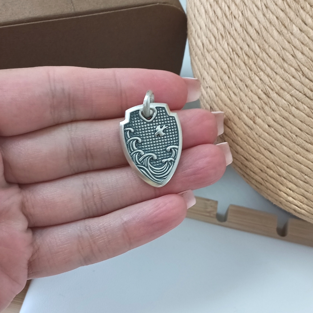 David Yurman Sterling Silver Men's Shield Waves Enhancer Pendant Amulet